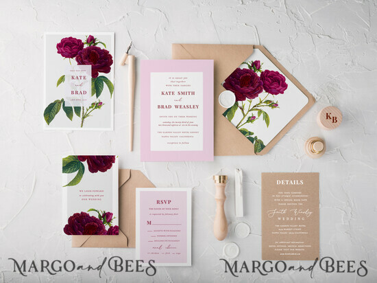 WEDDING INVITATIONS Modern Invites Floral Cards Geometric Wedding Invitations Marsala Burgundy Roses Invites Cheap Stationery with Belly Band and Craft Envelope Liner 03/BBN/z
