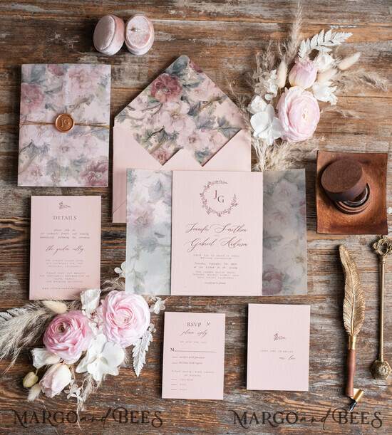 WEDDING INVITATIONS Modern Invites Floral Cards Elegant wedding invitation copper wax, Boho wedding invitations, Floral Elegant Wedding Invites, Botanical wedding Stationery 01/kalwSz/z