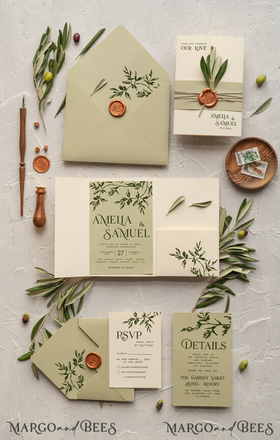 WEDDING INVITATIONS Modern Invites Floral Cards Olives Tuscany Wedding invitations, Elegant Simple wedding invitation Suite, Greek Travel Wedding Stationery, Natural Olives Luxury wedding Invites 02/OL/z