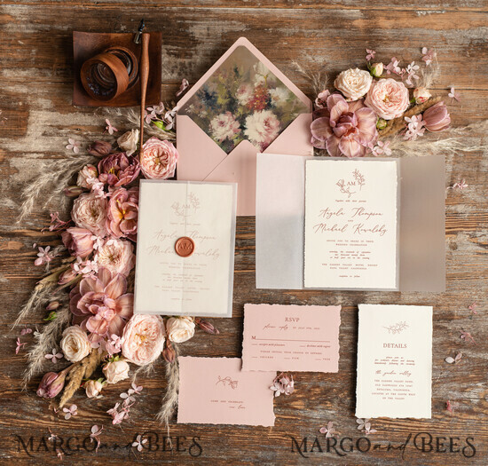 WEDDING INVITATIONS Modern Invites Floral Cards Stylish wedding invitation copper wax, Boho wedding invitations, Floral Elegant Wedding Invites, Botanical wedding Stationery 02/kalw/z
