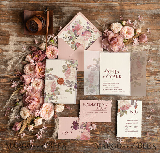 WEDDING INVITATIONS Modern Invites Floral Cards Stylish wedding invitation copper wax, Boho wedding invitations, Floral Elegant Wedding Invites, Botanical wedding Stationery 01/kalw/z