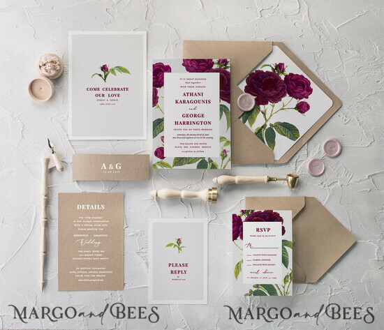 WEDDING INVITATIONS Modern Invites Floral Cards Geometric Wedding Invitations Burgundy Roses Invites Cheap Stationery with Belly Band and Craft Envelope Liner 05/BBN/z