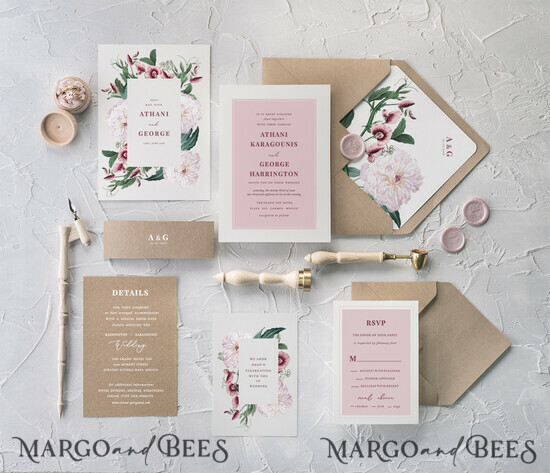 WEDDING INVITATIONS Modern Invites Floral Cards Geometric Pink Wedding Invitations Peony sweet pea Invites Cheap Stationery with Belly Band and Craft Envelope Liner 06/BBN/z