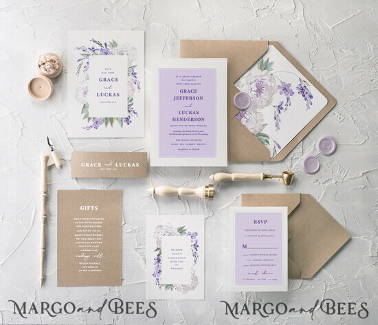 WEDDING INVITATIONS Modern Invites Floral Cards Geometric Wedding Invitations Peony Invites Cheap Purple Stationery with Belly Band and Craft Envelope Liner 07/BBN/z