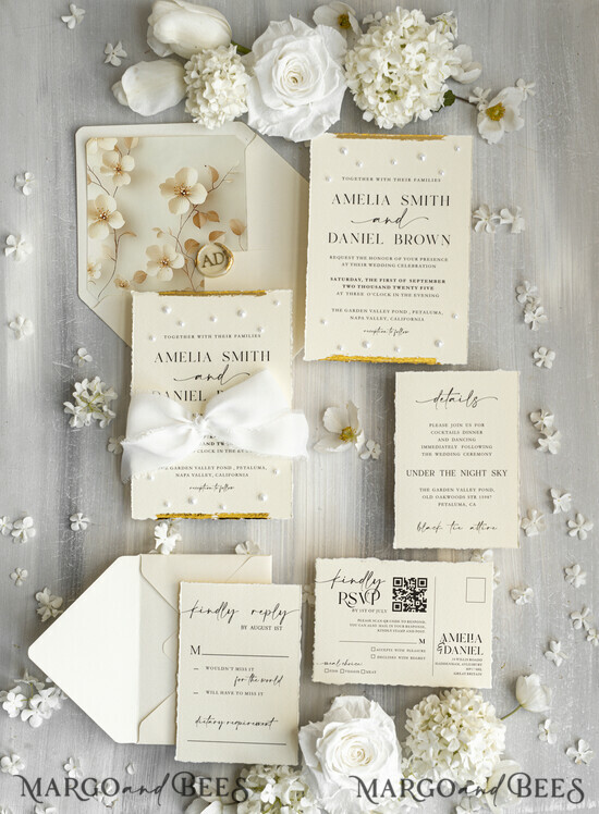 WEDDING INVITATIONS modern calligraphy / fine art Luxury Fine Art Wedding Invitations with Gold Leaf, Deckled Edges, RSVP qr code Silk Ribbon Bespoke Elegant Wedding Suite 01/DEsuP/z