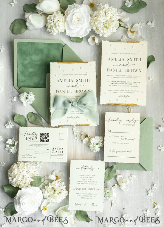 WEDDING INVITATIONS modern calligraphy / fine art Sage green Fine Art Wedding Invitations with Gold Leaf, Deckled Edges, RSVP qr code Silk Ribbon Bespoke Elegant Wedding Suite 02/DEsuP/z
