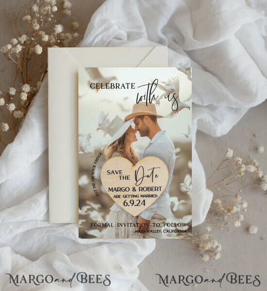 SAVE THE DATES photo magnets Personalised Photo Travel Save the Date Heart Wood Magnet and Card, Wedding Photo Save The Dates Rustic Magnets, Photo Save The Date Cards 03/mTagph/std