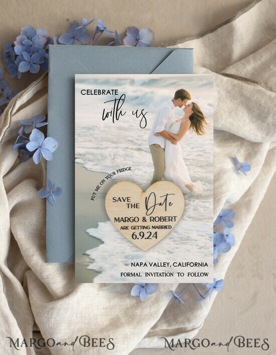 SAVE THE DATES photo magnets Personalised Photo Travel Save the Date Heart Wood Magnet and Card, Wedding Photo Save The Dates Rustic Magnets, Photo Save The Date Cards 07/mTagph/std