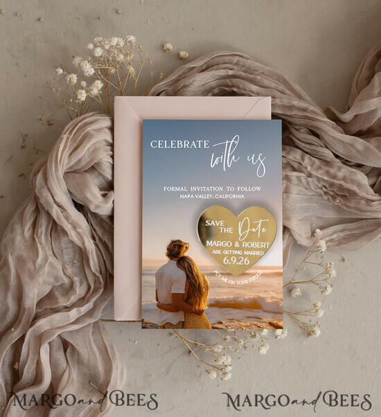 SAVE THE DATES photo magnets Personalised Photo Travel Save the Date Heart Gold Acryl Magnet and Card, Wedding Photo Save The Dates Magnets, Photo Save The Date Cards 11/mTagph/std
