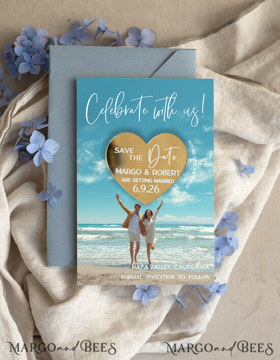 SAVE THE DATES photo magnets Personalised Photo Travel Save the Date Heart Gold Acryl Magnet and Card, Wedding Photo Save The Dates Magnets, Photo Save The Date Cards 08/mTagph/std