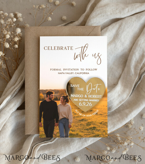SAVE THE DATES photo magnets Personalised Photo Travel Save the Date Heart Gold Acryl Magnet and Card, Wedding Photo Save The Dates Magnets, Photo Save The Date Cards 09/mTagph/std