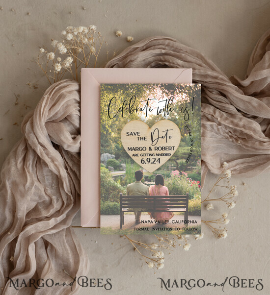 SAVE THE DATES photo magnets Personalised Photo Travel Save the Date Heart Wood Magnet and Card, Wedding Photo Save The Dates Rustic Magnets, Photo Save The Date Cards 02/mTagph/std