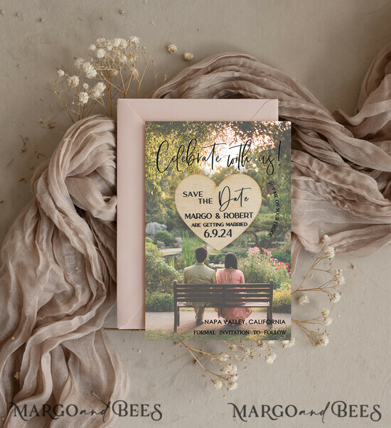 SAVE THE DATES photo magnets Personalised Photo Travel Save the Date Heart Wood Magnet and Card, Wedding Photo Save The Dates Rustic Magnets, Photo Save The Date Cards 02/mTagph/std
