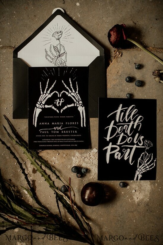 SAMPLING SERVICE samples Wedding Invitation Samples modern calligraphy black and white design, Halloween Goth Wedding Invites Sample, Black Invitations Sample Set 06/BLACK/sample