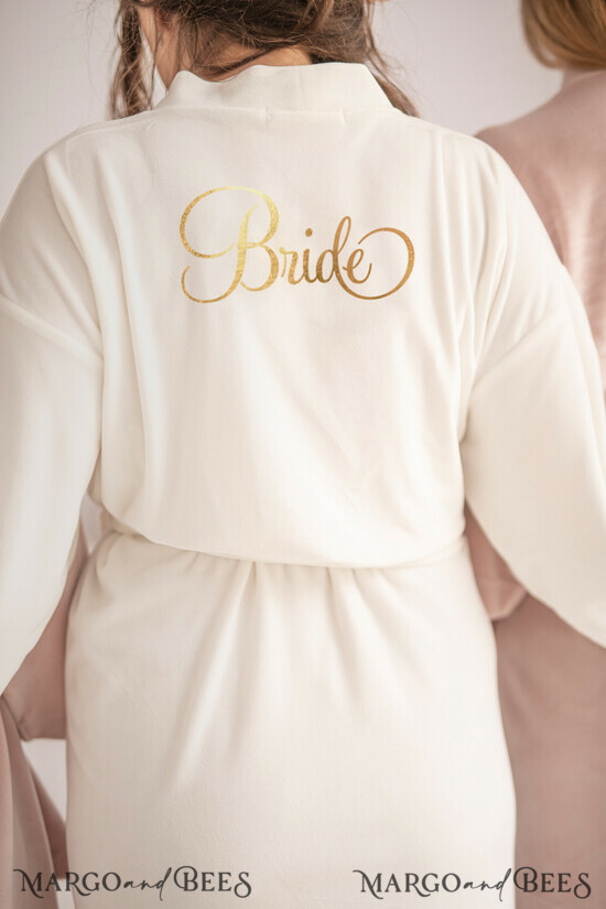 NEWLY WEDS COUPLE GIFTS Bride gifts Bride robe with gold foil custom inscription, Velvet Robe for bride with lace sleeve, Bridal Robe bespoke 01/VELszl/bride