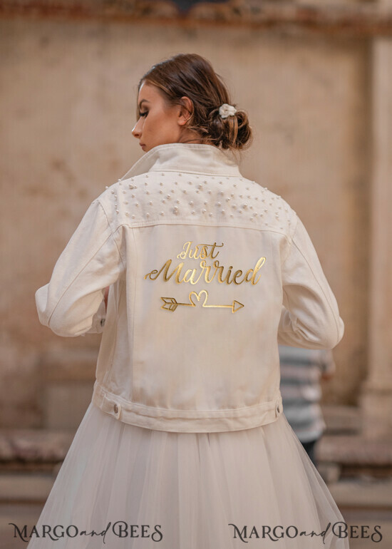 WEDDING JACKET/ BOLERO DENIM BRIDAL JACKET white jeans wedding jacket denim bride, Text on the back, Name of the Bride 07/jacket/bride