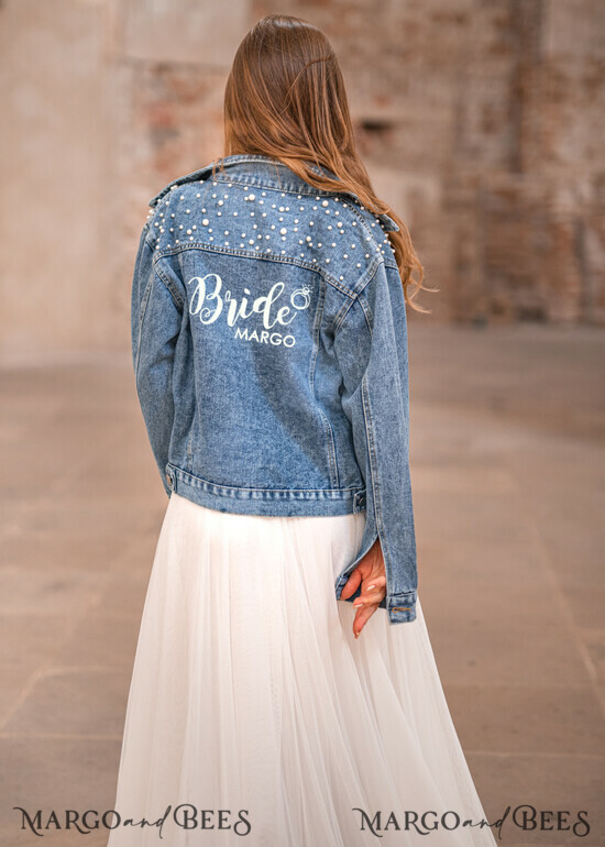 BRIDE bolero, jacket, robes DENIM BRIDAL JACKET jeans wedding jacket denim bride, Text on the back, Name of the Bride 12/jacket/bride