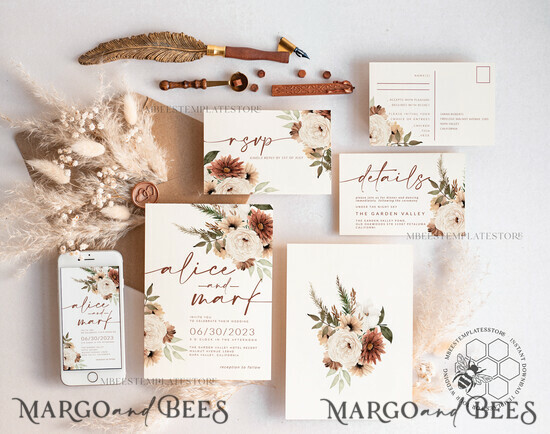 TEMPLETT wedding invitation download Boho Ivory wedding Invitations Evite Set Template, Instant Download Printable Invites Home Printing, Simple Wedding Invitation Cards WBoho10 38/boho10/zDS