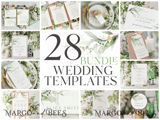 TEMPLETT wedding set Eucalyptus Boho Wedding Stationery Bundle, Greenery Wedding Template Kit, Wedding Invitation Set, Invitation Template Download Set, WSpr1 1/spring/set