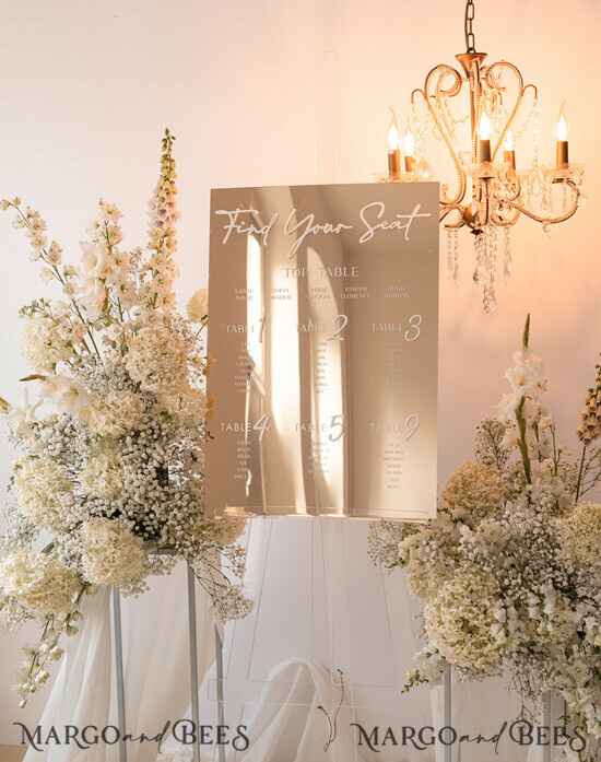 TABLE PLANS AND WEDDING WELCOME SIGNS gold Gold Mirror Seating Chart Sign, 3d Elegant Find Your Seat - Seating Plan, Luxury Wedding Table Plan, Mirror Wedding Decoration - Golden Reception Signage - Custom Ceremony Sign 01/ACMirr/pl