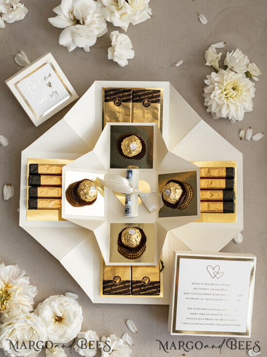NEWLY WEDS COUPLE GIFTS Geldgeschenk zur Hochzeit Kleines Geldgeschenk zur Hochzeit – Exploding Box mit Pralinen und persönlichem Gruß 02/gold/box2