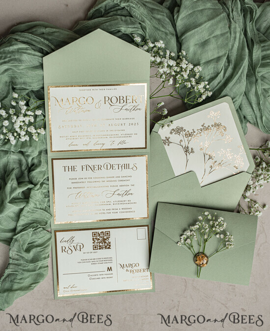 WEDDING INVITATIONS 3 fold wedding invitations 3 fold Luxury sage green golden Wedding Invitations, Elegant garden Wedding Cards, Baby Breath Bouquet Gypsophila Wedding Invites, Natutal floral Wedding Invitation Suite 03/3fMBB/z