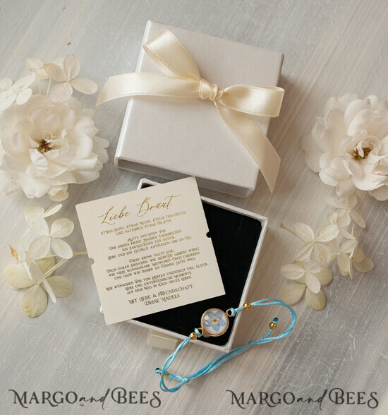 BRIDESMAID/BEST MAN BOX Trauzeuge Fragen Geschenkbox Ein Geschenk für die Braut – Ein Armband mit einer Vergissmeinnicht-Blume in einer Geschenkbox mit Widmung 05/brautbox/geschenkBraut