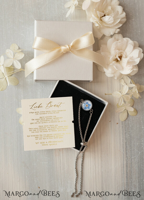 BRIDESMAID/BEST MAN BOX Trauzeuge Fragen Geschenkbox Ein Geschenk für die Braut – Ein Armband mit einer Vergissmeinnicht-Blume in einer Geschenkbox mit Widmung 06/brautbox/geschenkBraut