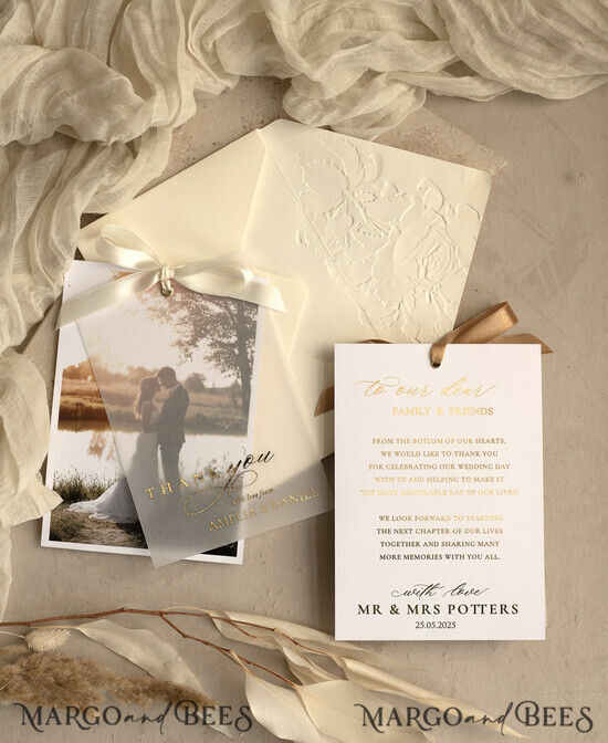 THANK YOU CARDS photo gold vellum plexi Printed vellum Wedding Photo Thank You Cards, Modern Wedding Thank You Cards with Photo, Minimalist Thank You Cards Wedding 13/VelMgld/Thcard