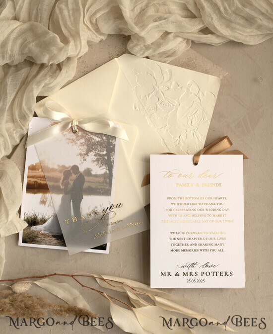THANK YOU CARDS photo gold vellum plexi Printed vellum Wedding Photo Thank You Cards, Modern Wedding Thank You Cards with Photo, Minimalist Thank You Cards Wedding 13/VelMgld/Thcard
