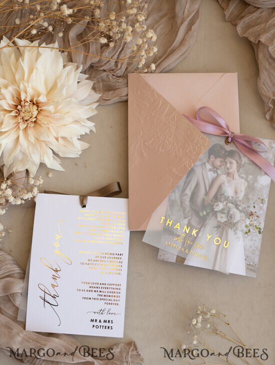 THANK YOU CARDS photo gold vellum plexi Printed vellum Wedding Photo Thank You Cards, Modern Wedding Thank You Cards with Photo, Minimalist Thank You Cards Wedding 08/VelMgld/Thcard
