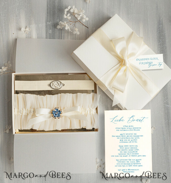 BRIDE bolero, robes, garter Geschenkidee für die Braut Strumpfband Doppeltes Strumpfband-Set für die Braut – edel & romantisch in Geschenkbox mit Gedicht – perfektes Geschenk zur Hochzeit 32/TSblau/podDE
