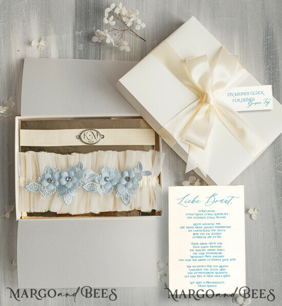 BRIDE bolero, robes, garter Geschenkidee für die Braut Strumpfband Doppeltes Strumpfband-Set für die Braut – edel & romantisch in Geschenkbox mit Gedicht – perfektes Geschenk zur Hochzeit 30/TSblau/podDE