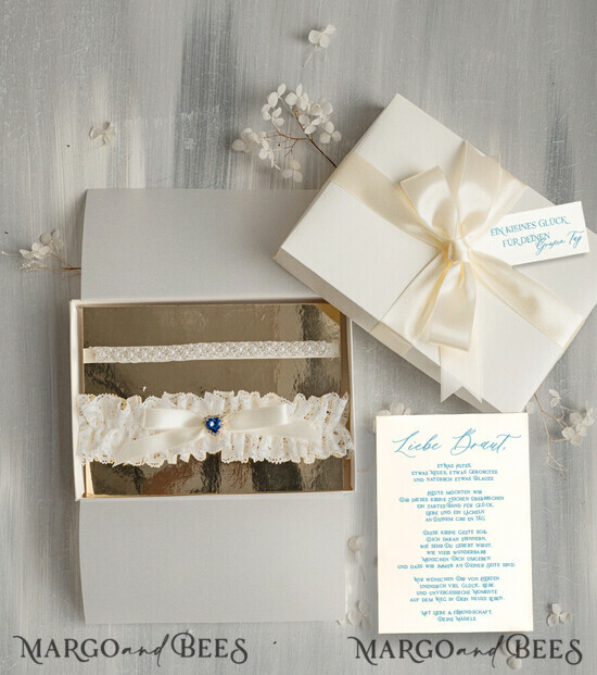 BRIDE bolero, robes, garter Geschenkidee für die Braut Strumpfband Doppeltes Strumpfband-Set für die Braut – edel & romantisch in Geschenkbox mit Gedicht – perfektes Geschenk zur Hochzeit 22/TSblau/podDE