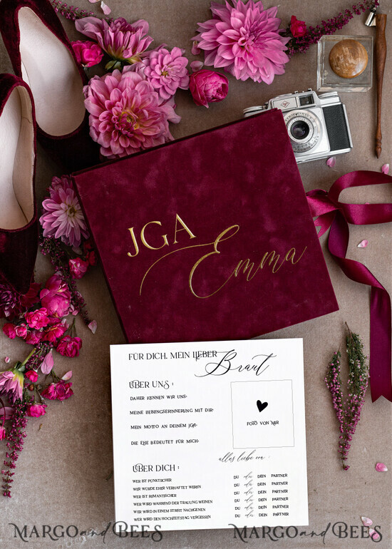 BRIDAL SHOWER INVITATIONS JGA geschenk braut JGA Kartenbox aus Samt – personalisiert mit goldener Prägung, inkl. Gästekarten für die Braut 02/brautAnkiet/geschenkBraut