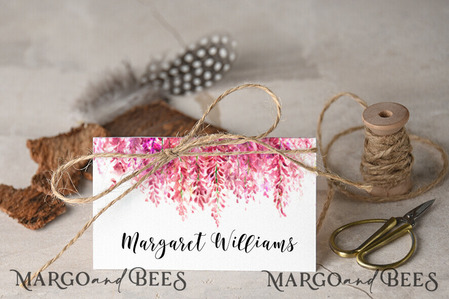 PLACE CARDS / TABLE CARDS Boho Elegance Bold Line Romantic White Wedding Place Cards with Burlap Twine, Delicate Pink Floral Graphic, Modern Design Wedding Name Tags, Unique Wedding Stationery, Editable Text