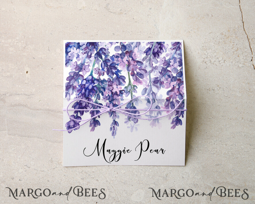 PLACE CARDS / TABLE CARDS Boho Elegance Bold Line Delicate White Wedding Place Cards with Purple Twine, Delicate Purple Floral Graphic, Modern Wedding Name Tags, Unique Wedding Stationery, Lavender Escort Cards