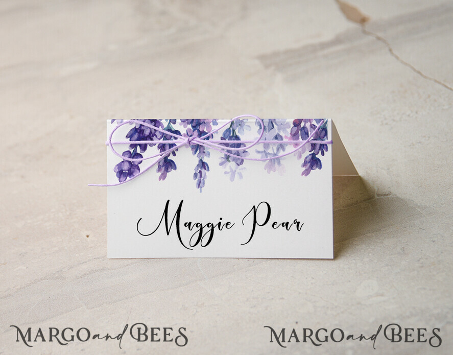 PLACE CARDS / TABLE CARDS Boho Elegance Bold Line Delicate White Wedding Place Cards with Purple Twine, Delicate Purple Floral Graphic, Modern Wedding Name Tags, Unique Wedding Stationery, Lavender Escort Cards