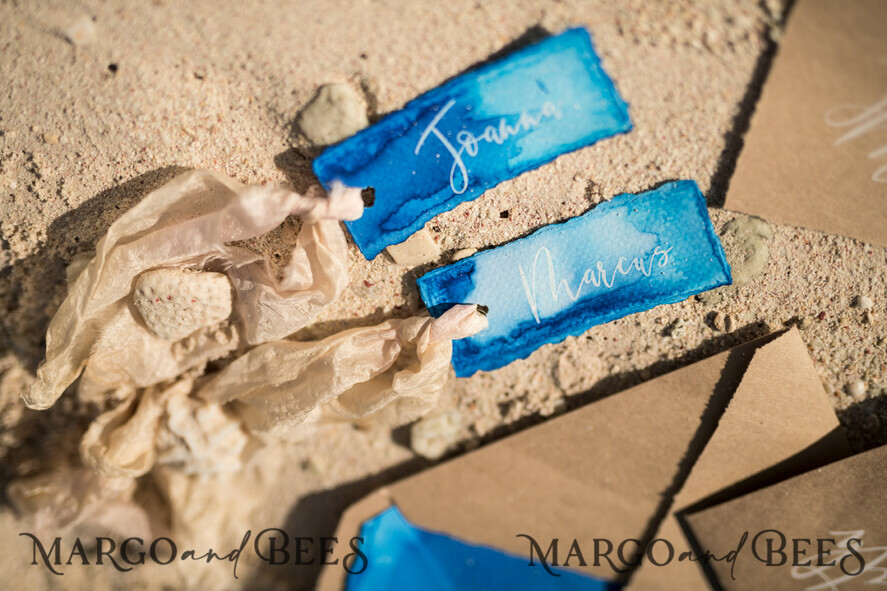 PLACE CARDS / TABLE CARDS Boho Elegance Bold Line Delicate Blue Wedding Place Cards, Watercolor Design Name Tags with Ribbon, Unique Wedding Stationery, Beach Wedding Place Card, Decled-Edge Custom Escort Cards