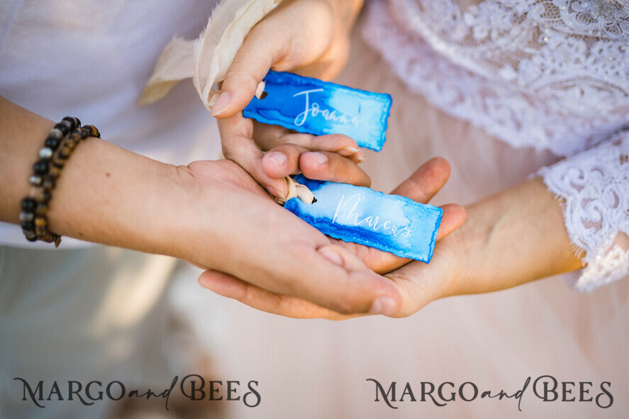 PLACE CARDS / TABLE CARDS Boho Elegance Bold Line Delicate Blue Wedding Place Cards, Watercolor Design Name Tags with Ribbon, Unique Wedding Stationery, Beach Wedding Place Card, Decled-Edge Custom Escort Cards