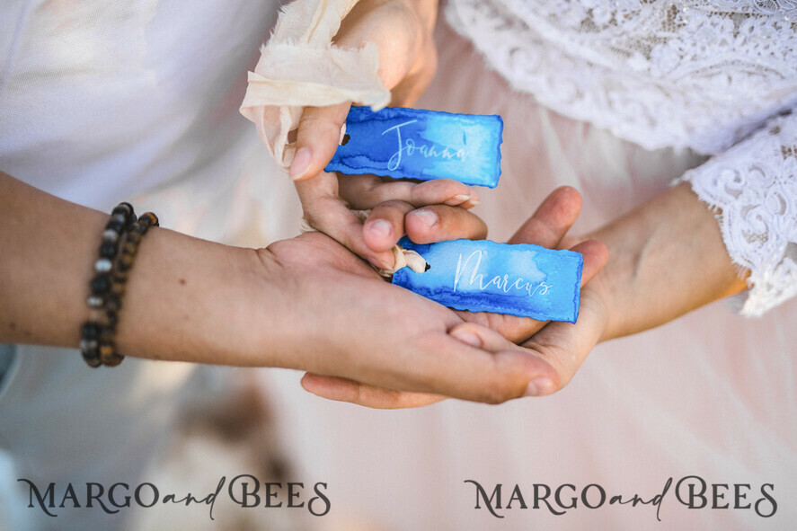 PLACE CARDS / TABLE CARDS Boho Elegance Bold Line Delicate Blue Wedding Place Cards, Watercolor Design Name Tags with Ribbon, Unique Wedding Stationery, Beach Wedding Place Card, Decled-Edge Custom Escort Cards