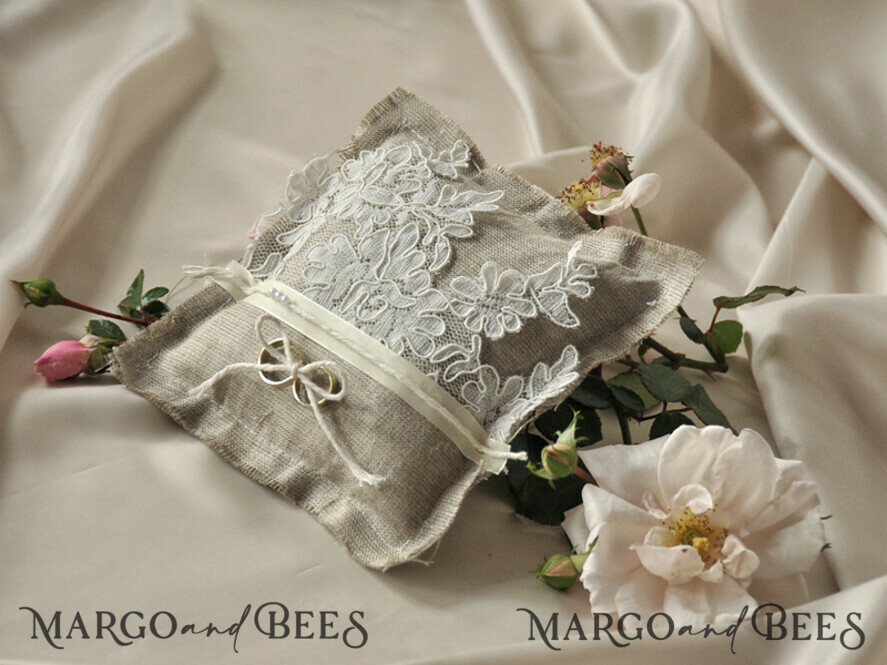 RING BEARER BOXES & PILLOWS Boho Rustic Ring Pillow Handmade Lace Wedding Ring Pillow • Rustic Ring Bearer Pillow • Custom Linen Ring Bearer