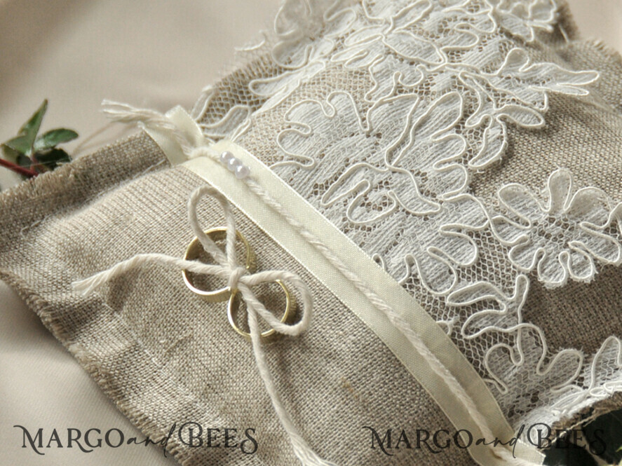 RING BEARER BOXES & PILLOWS Boho Rustic Ring Pillow Handmade Lace Wedding Ring Pillow • Rustic Ring Bearer Pillow • Custom Linen Ring Bearer