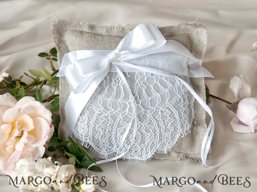 RING BEARER BOXES & PILLOWS Boho Rustic Ring Pillow Handmade Lace Wedding Ring Pillow • Rustic Ring Bearer Pillow • Custom Linen Ring Bearer