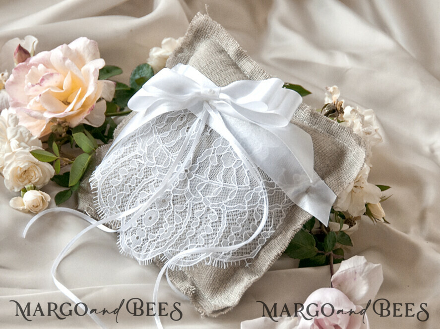 RING BEARER BOXES & PILLOWS Boho Rustic Ring Pillow Handmade Lace Wedding Ring Pillow • Rustic Ring Bearer Pillow • Custom Linen Ring Bearer