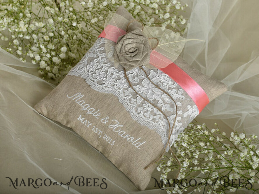 RING BEARER BOXES & PILLOWS Boho Rustic Ring Pillow Boho Linen Wedding Ring Pillow • Presonalised Ring Bearer Pillow • Custom Wedding Ring Bearer
