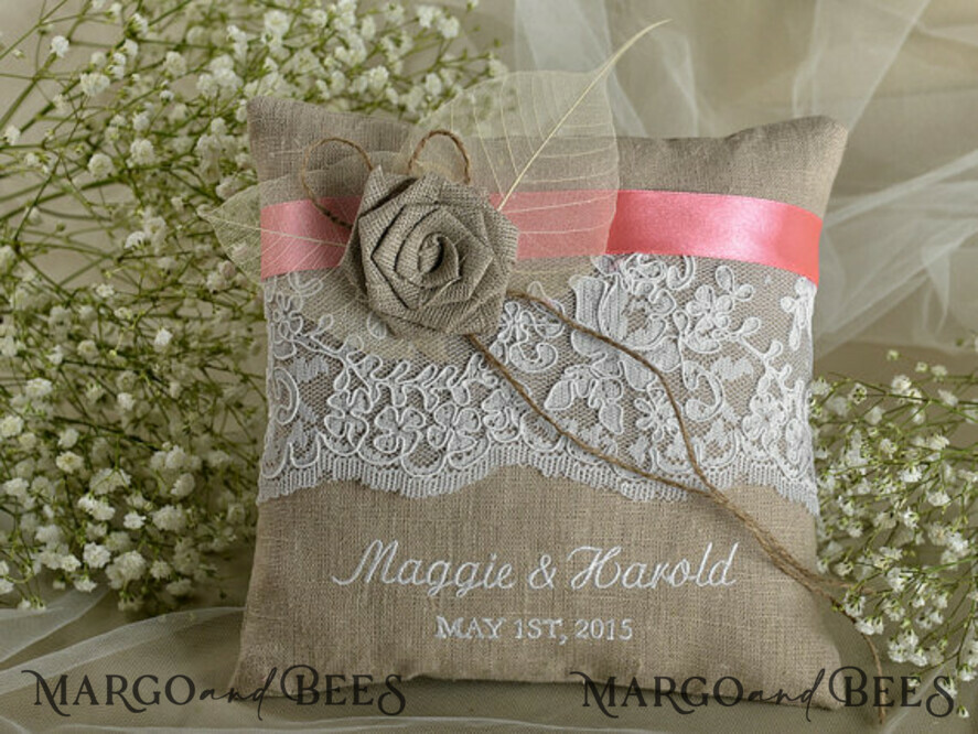 RING BEARER BOXES & PILLOWS Boho Rustic Ring Pillow Boho Linen Wedding Ring Pillow • Presonalised Ring Bearer Pillow • Custom Wedding Ring Bearer