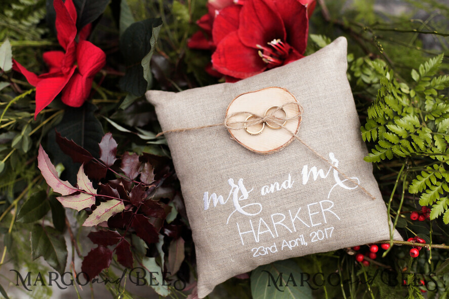 Presonaised Ring Box for wedding bands, Personalised Wedding Ring Pillow • Lace Ring Bearer Pillow • Custom Boho Ring Bearer