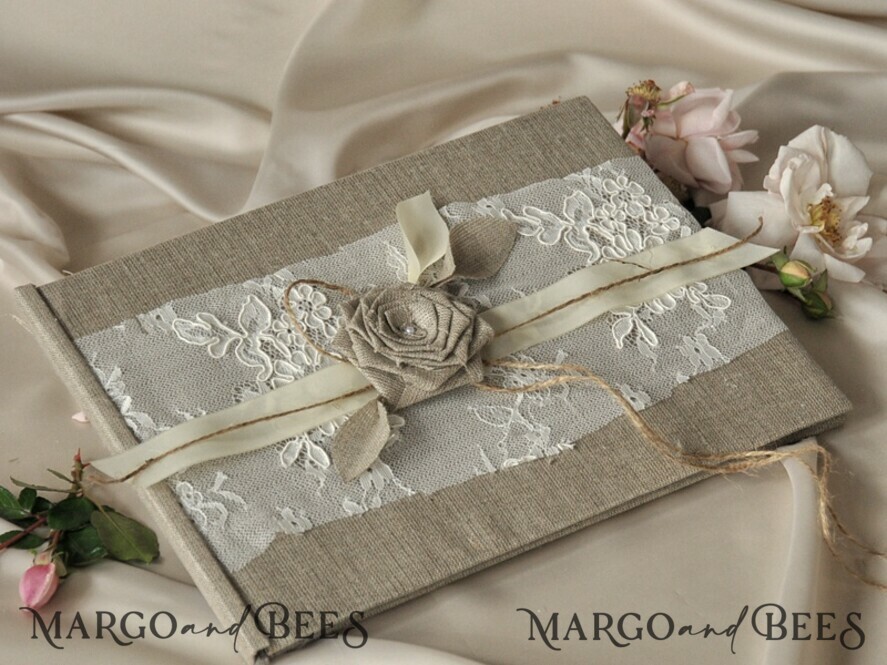 Custom Wedding Guestbook, Burlap Vintage Wedding Album Rustic Linen Photo Booth Book