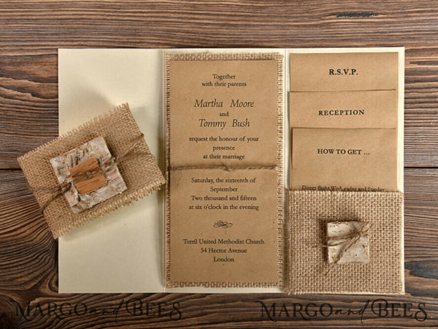 WEDDING INVITATIONS rustic / country / shabby chick Personalised Wedding invitations, burlap hessian invites